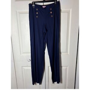 Lilly Pulitzer Navy Rayon/Span Sailor Pants Gold Anchor Buttons Wide Leg Siz 7